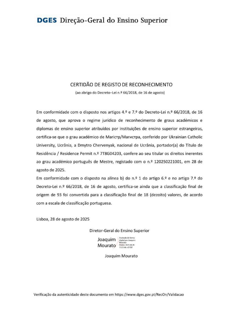 Reconhecimento do Grau de Mestre em Fisioterapia e Ergoterapia