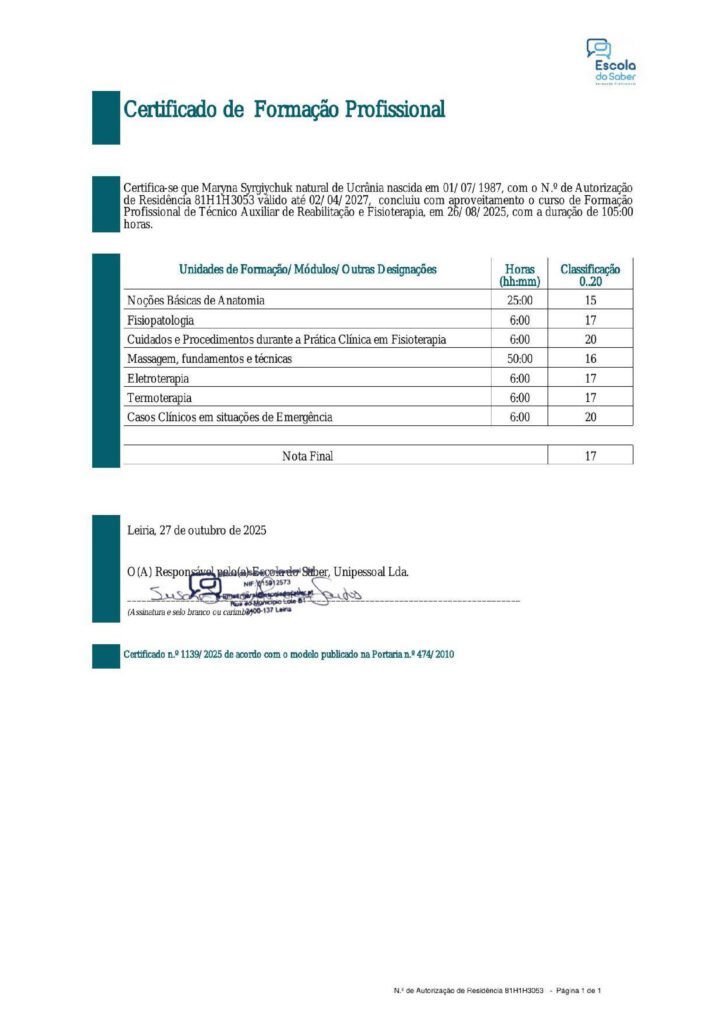 Certificado de Formação – Técnico Auxiliar de Reabilitação e Fisioterapia