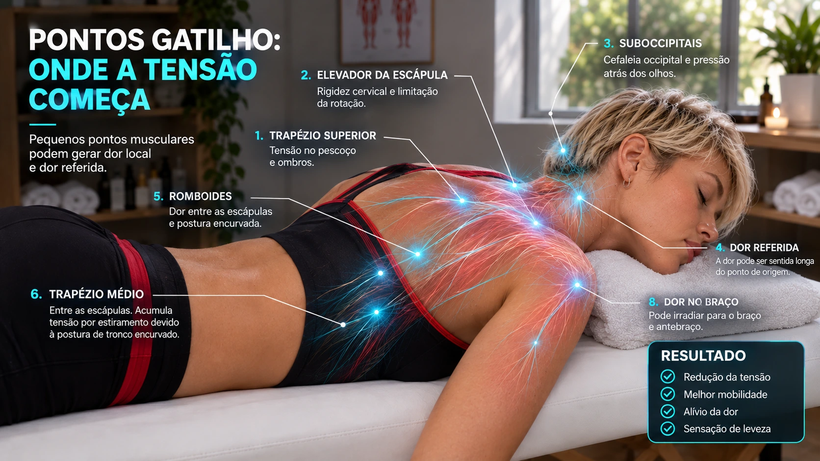 Infográfico sobre pontos de tensão muscular no pescoço, ombros e costas, com mulher em tratamento de massagem numa clínica em Leiria, Portugal. A imagem destaca os principais pontos gatilho, dor referida, tensão muscular, mobilidade e benefícios do tratamento.